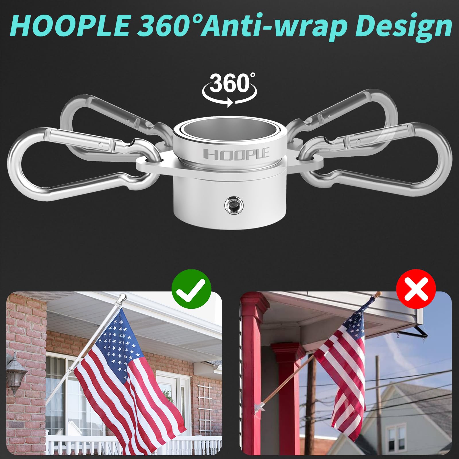 HOOPLE anti wrap swivel clips prevent tangling in windy weather.