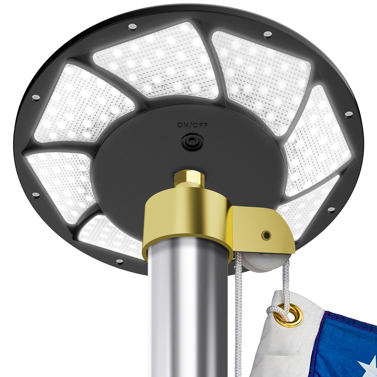 HOOPLE flag light closeup shows 176 LEDs for bright dusk-to-dawn visibility.