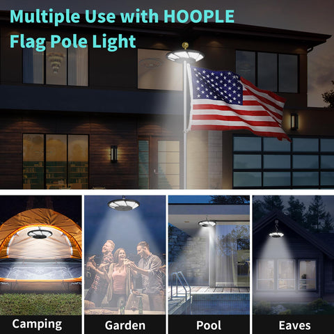 HOOPLE flag light on a patio adds warm ambient lighting.