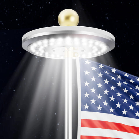 HOOPLE solar flag light on flagpole at dusk for bright visibility.
