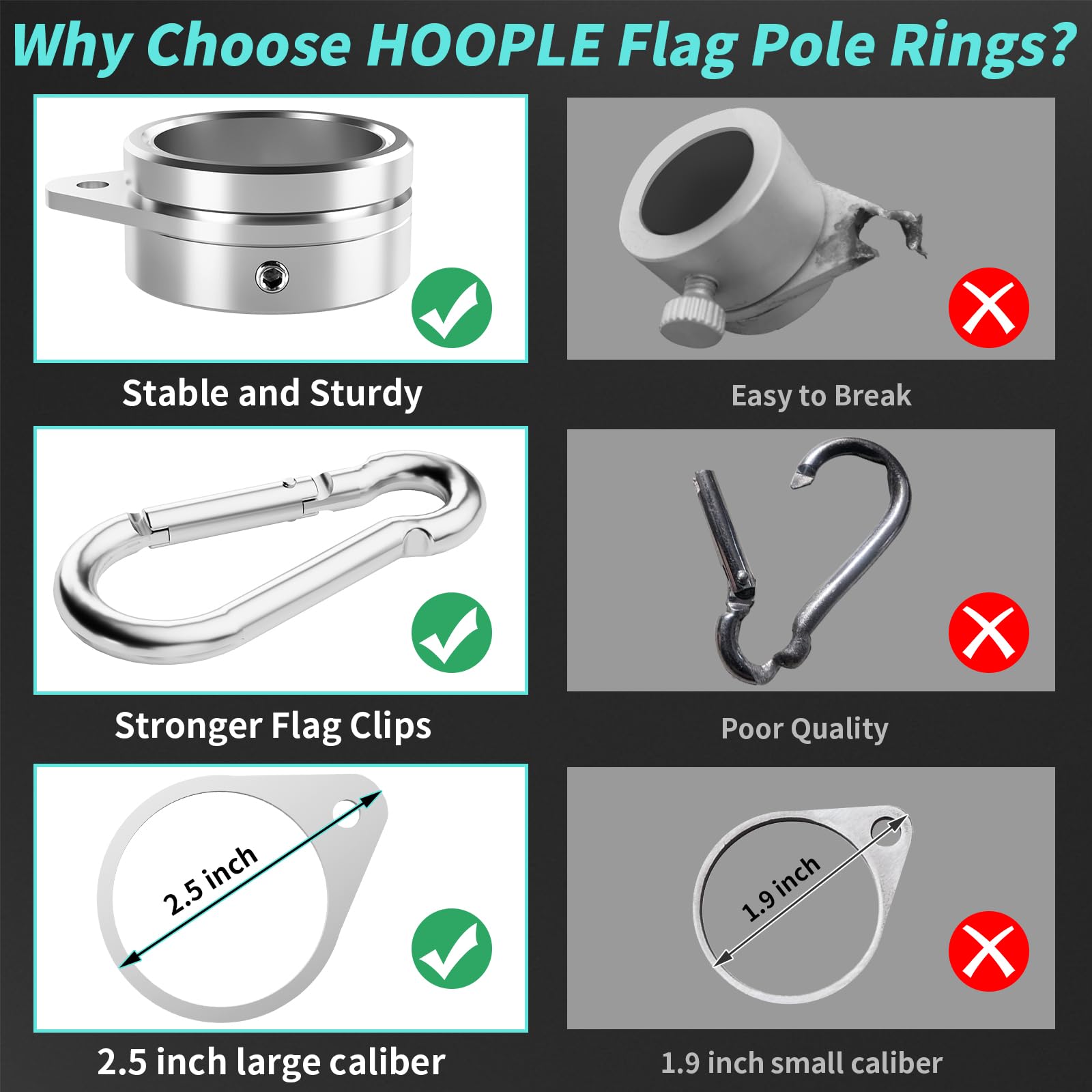 HOOPLE flag rings with carabiners simplify attachment and removal.