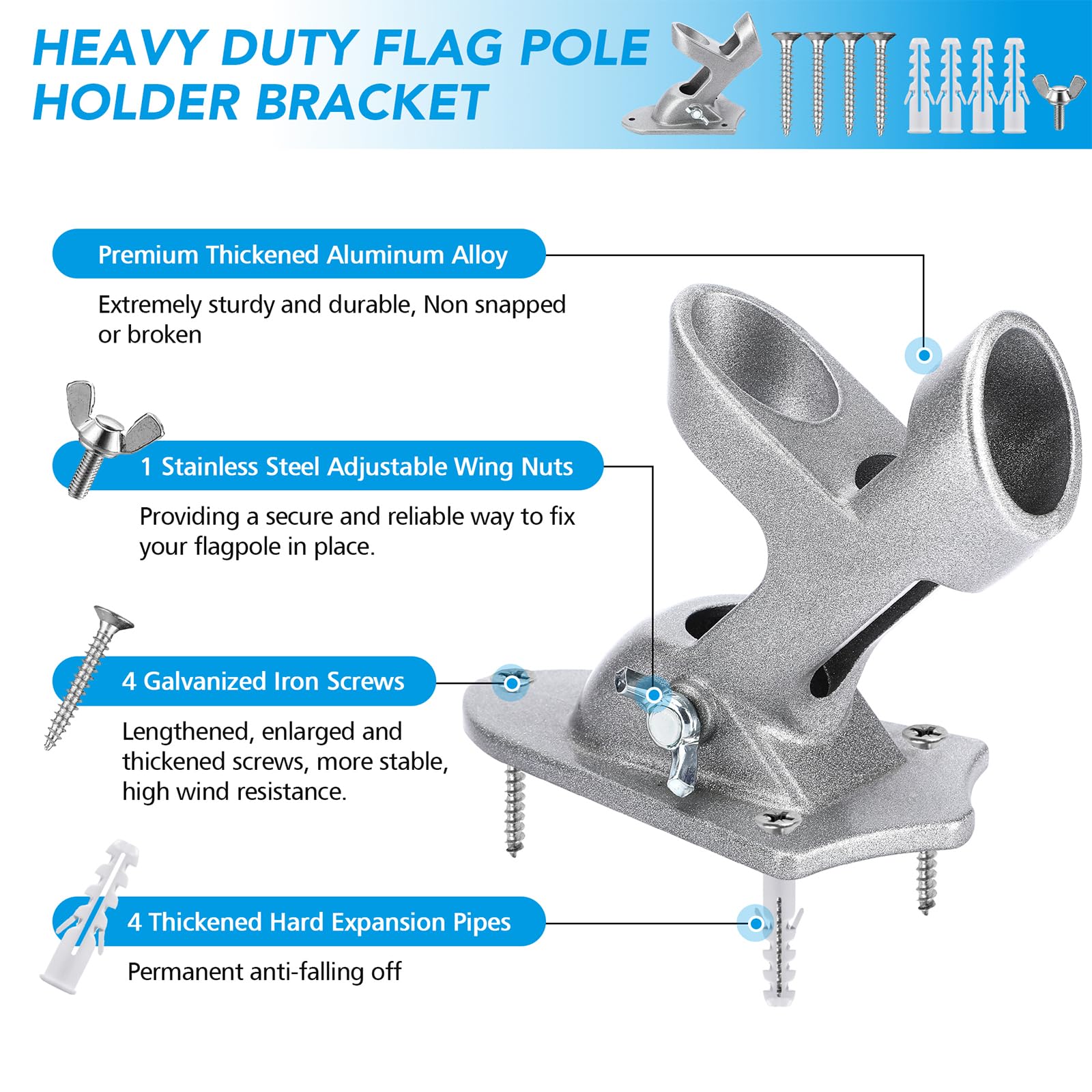 HOOPLE heavy-duty aluminum flag bracket shows rust-free construction
