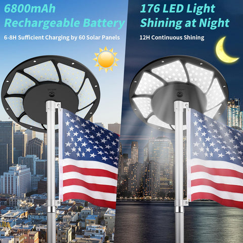 HOOPLE solar panel on the flag light charges during the day for night illumination.