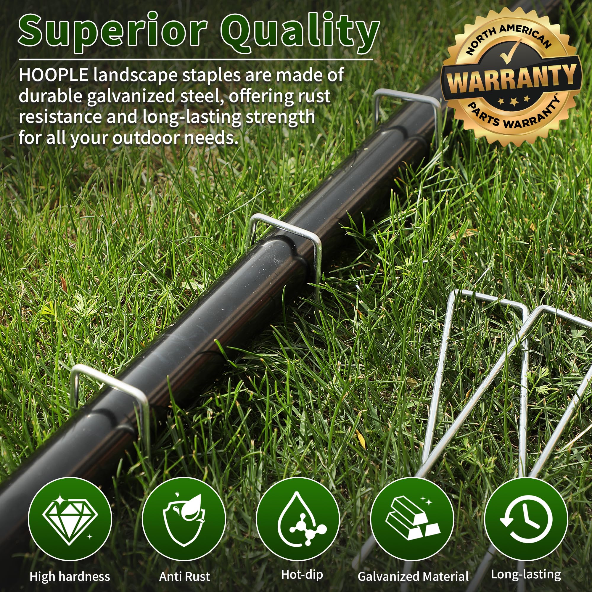 HOOPLE landscape staples secure weed barrier fabric against wind and erosion.