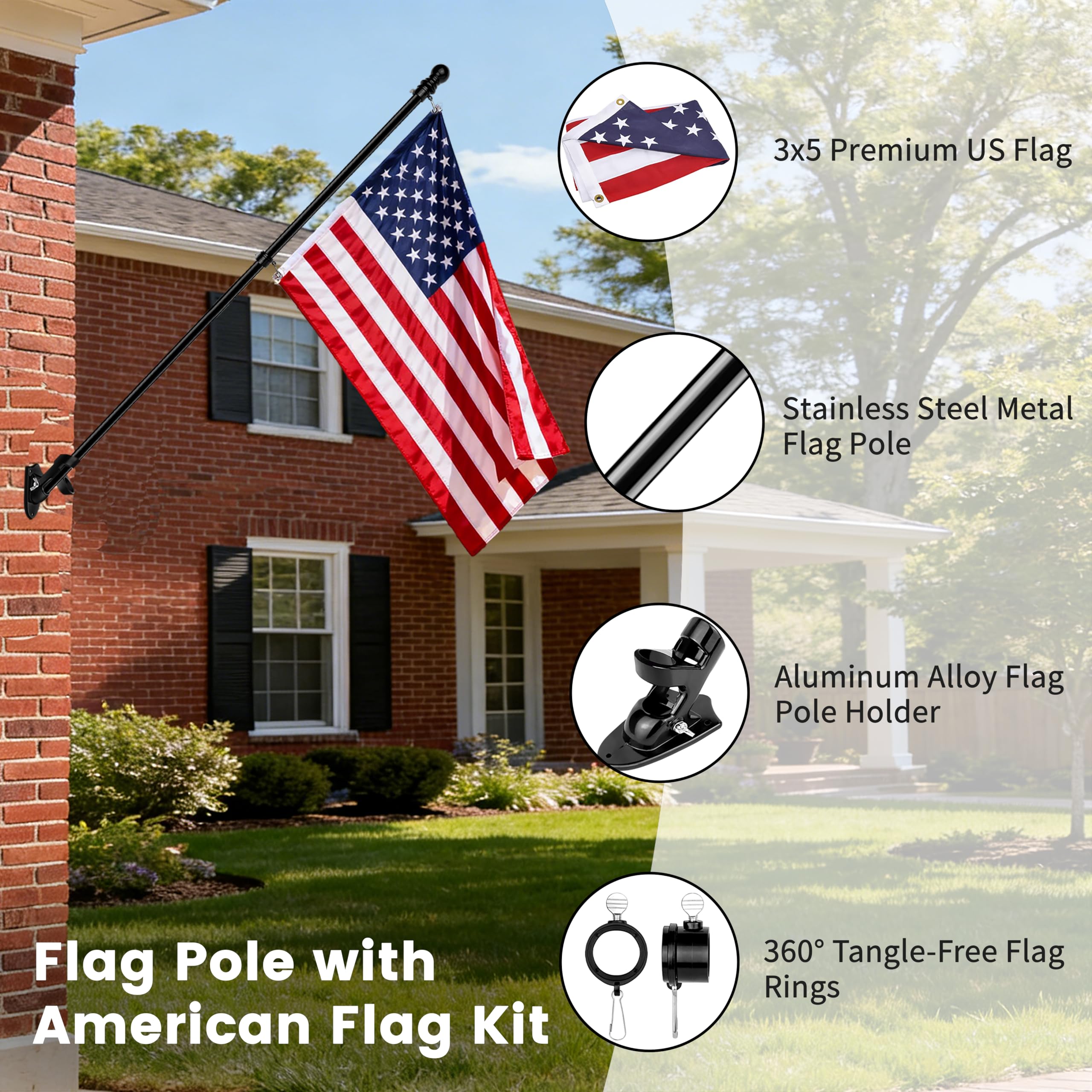 Hoople wall-mount flag pole holder securing the pole on a wall
