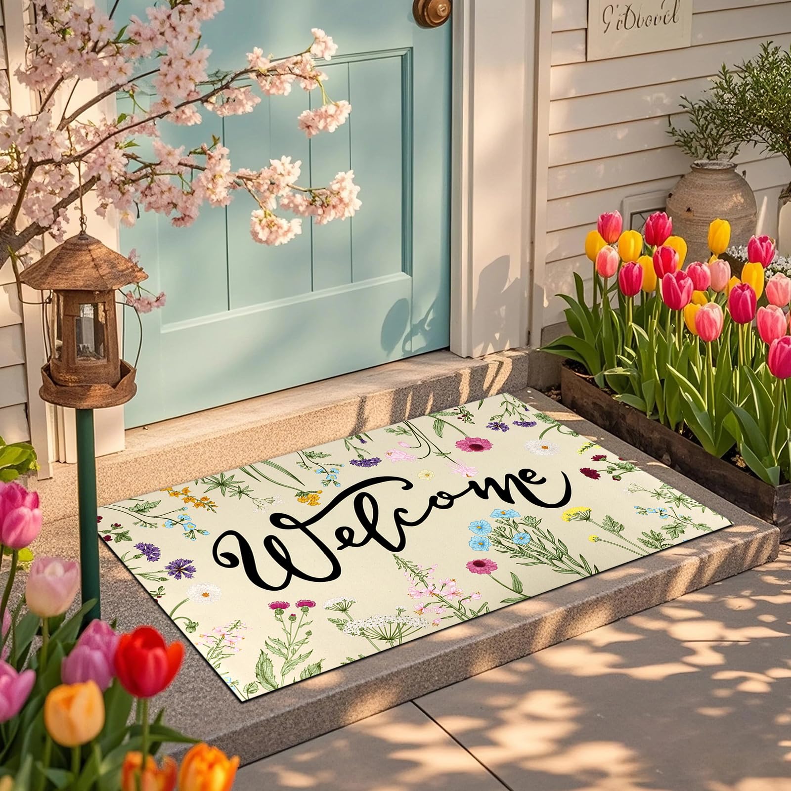 Close-up of Hooqict Wildflower Spring Doormat flowers highlighting color and detail