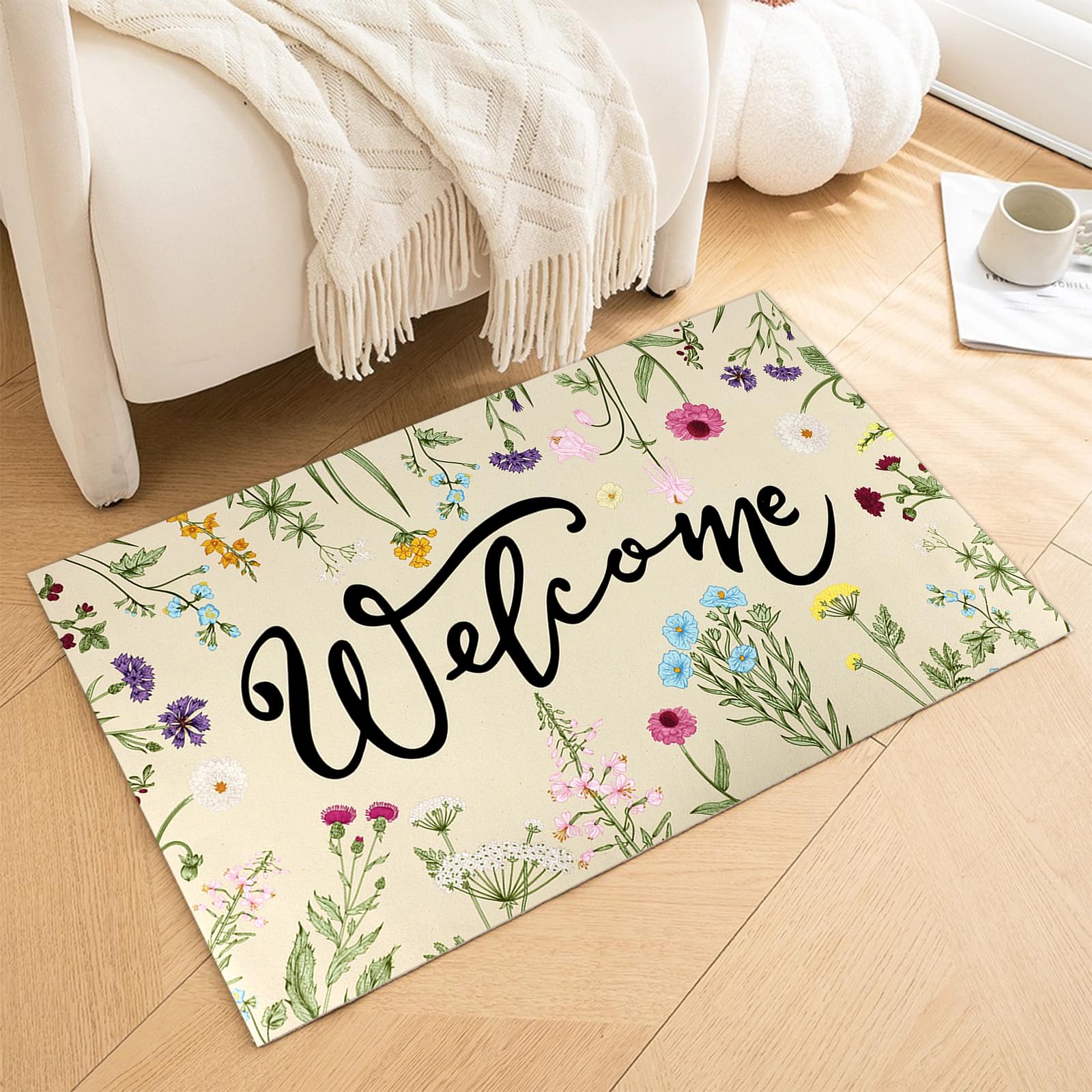 Non-slip back of Hooqict Wildflower Spring Doormat keeps mat secure