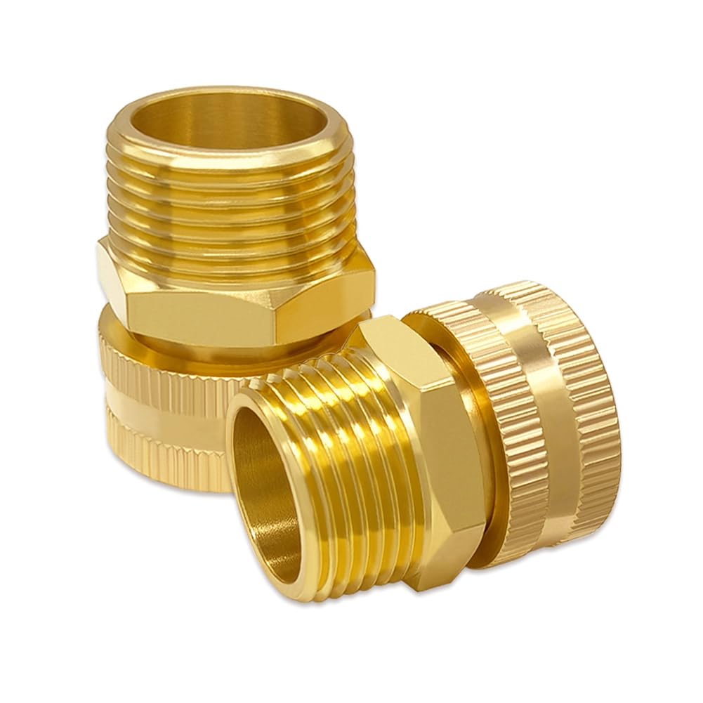 Hooshing brass garden hose adapter showing 3/4 GHT female to 3/4 NPT male connection.