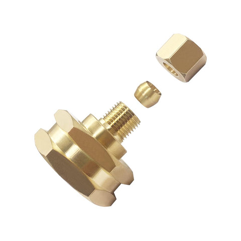 Hooshing brass hose adapter close-up showing hex heads for easy installation