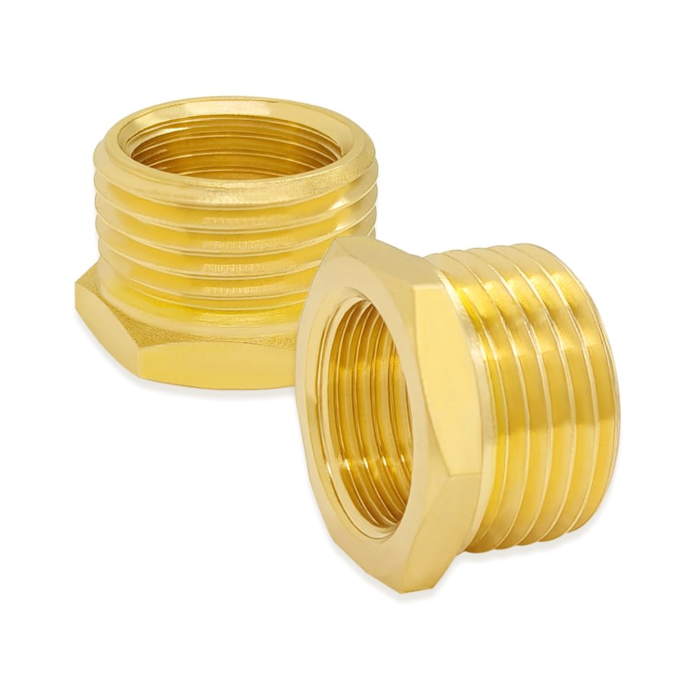 Hooshing brass reducer assembly shows durable threads for secure garden hose connections.