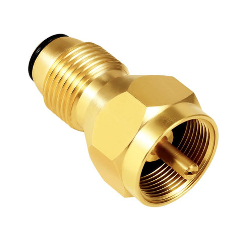 Hooshing propane adapter closeup highlights durable brass build for reliable 1 lb tank refills