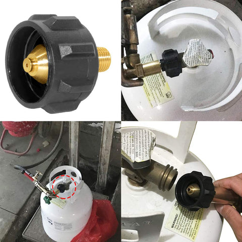 Hooshing QCC1 propane adapter near regulator setup for grill and stove compatibility.