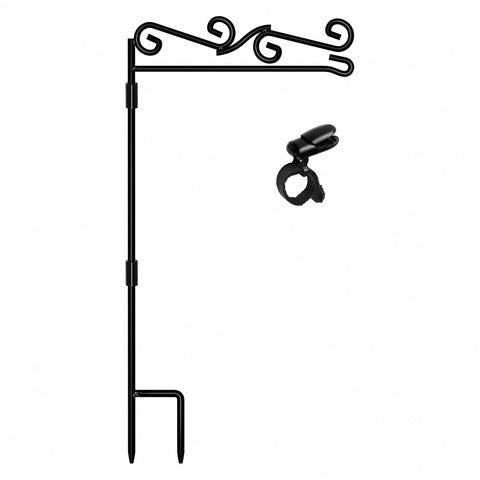 HOOSUN garden flag stand front view shows sturdy black metal for outdoor display.