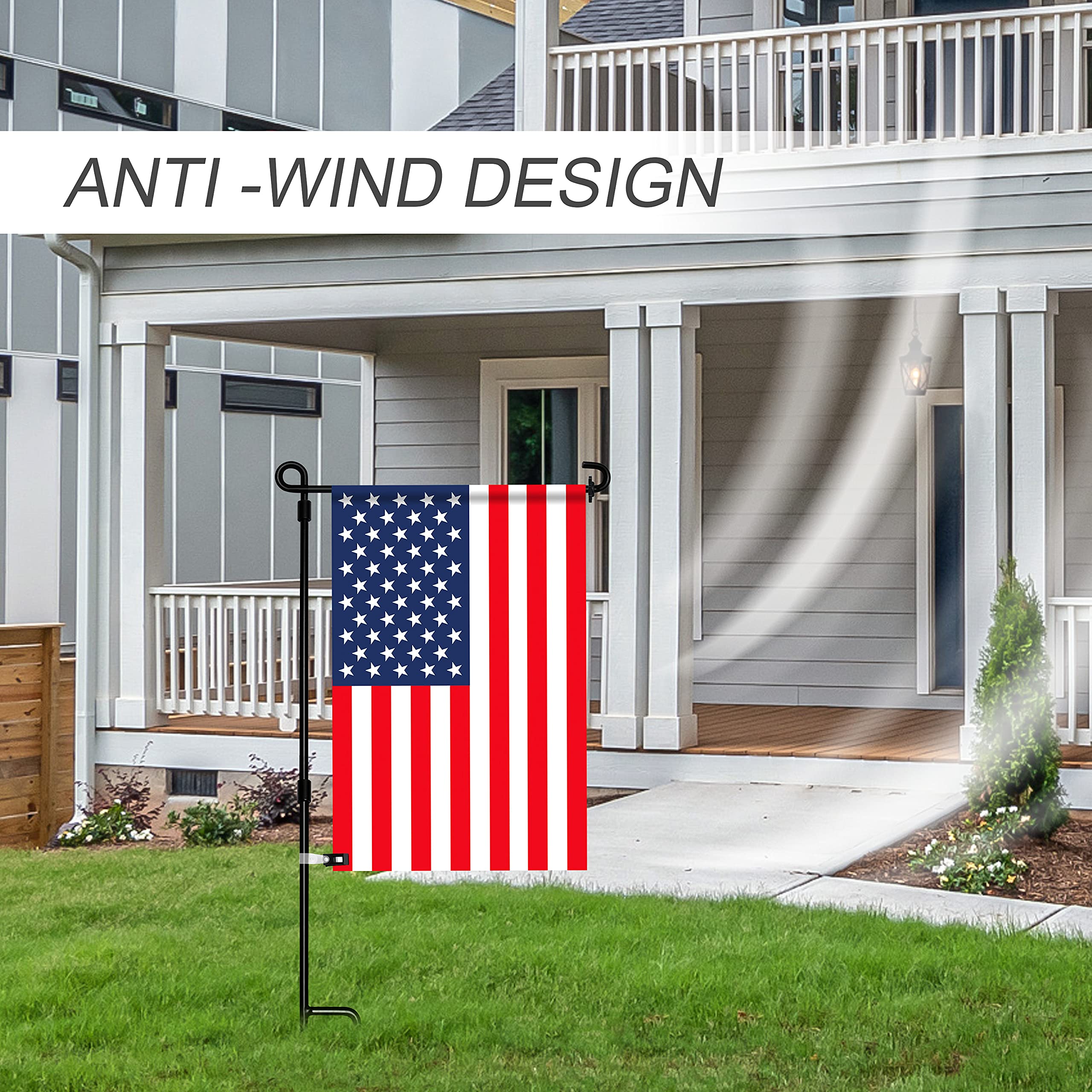 HOOSUN wind-ready clips shown securing a garden flag display.