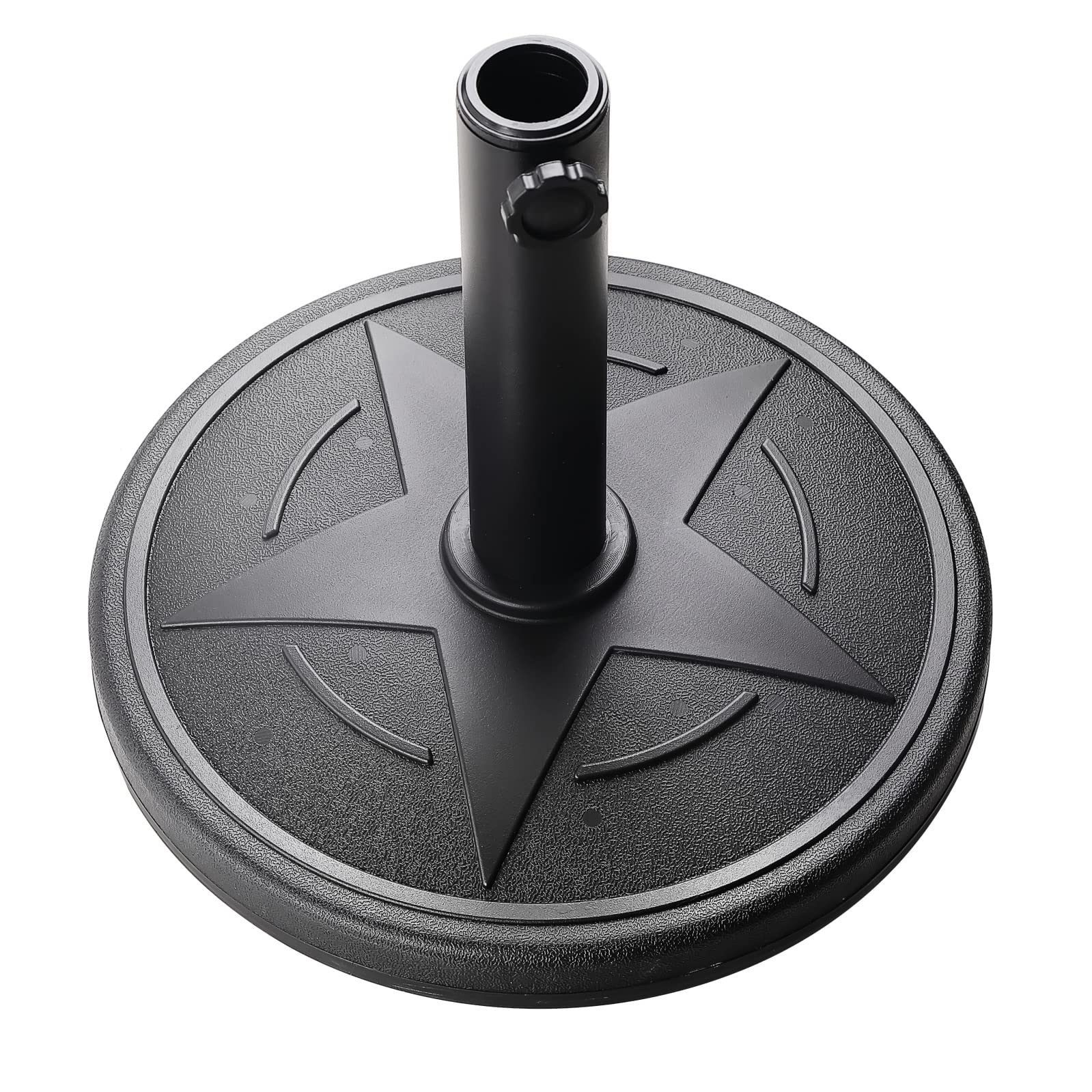 Hooyeatlin patio umbrella base closeup shows durable HDPE and concrete for lasting stability.
