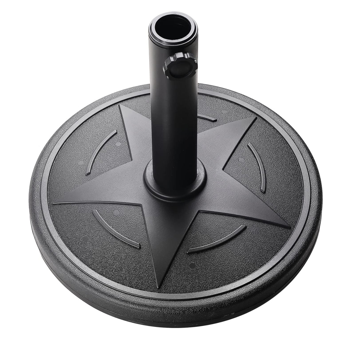 Hooyeatlin patio umbrella base closeup shows durable HDPE and concrete for lasting stability.