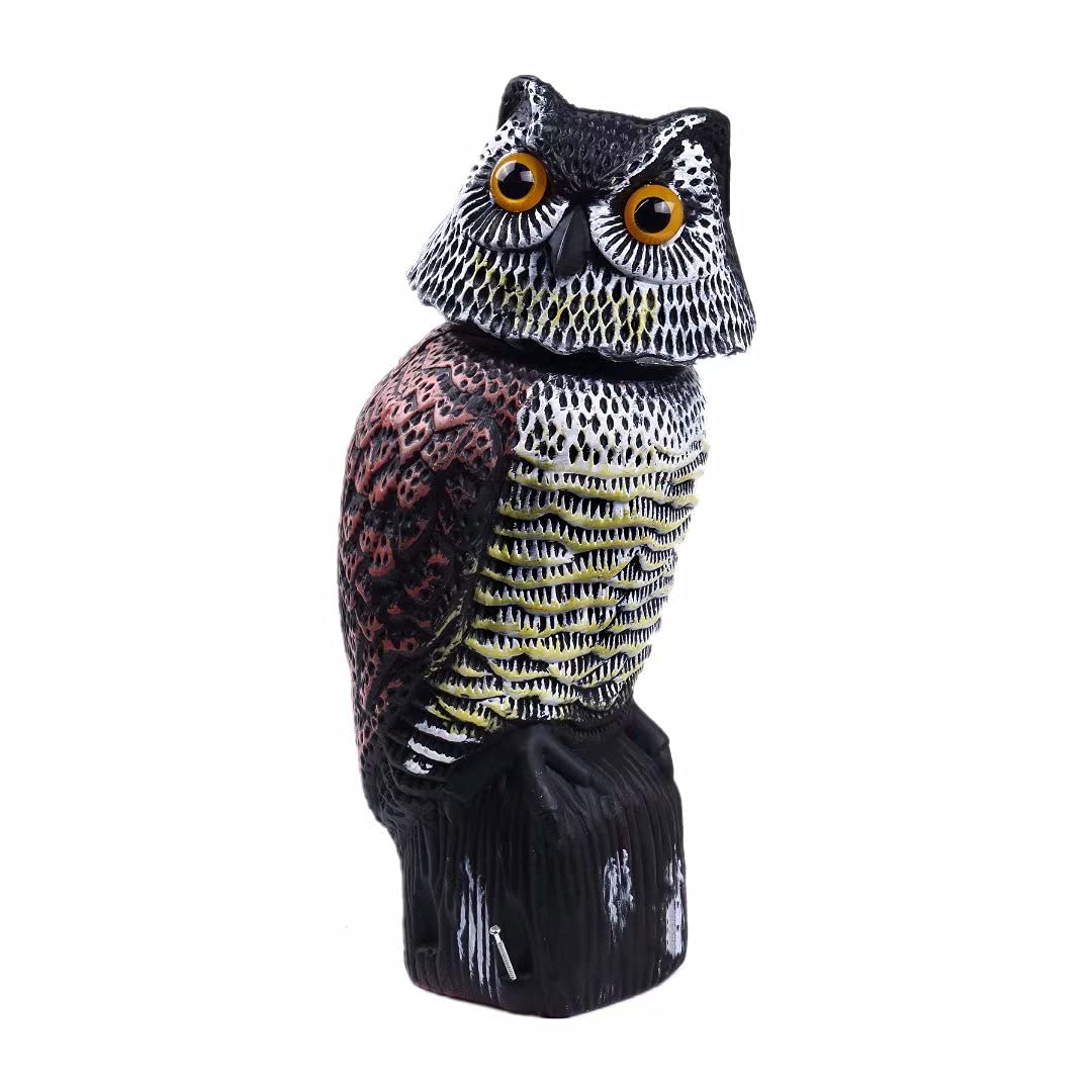Hooyizer Owl Decoy with 360° rotating head deters birds.
