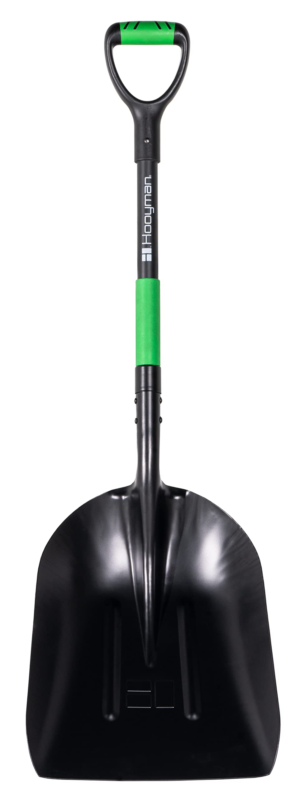 Hooyman scoop shovel aluminum head close-up shows durable load handling