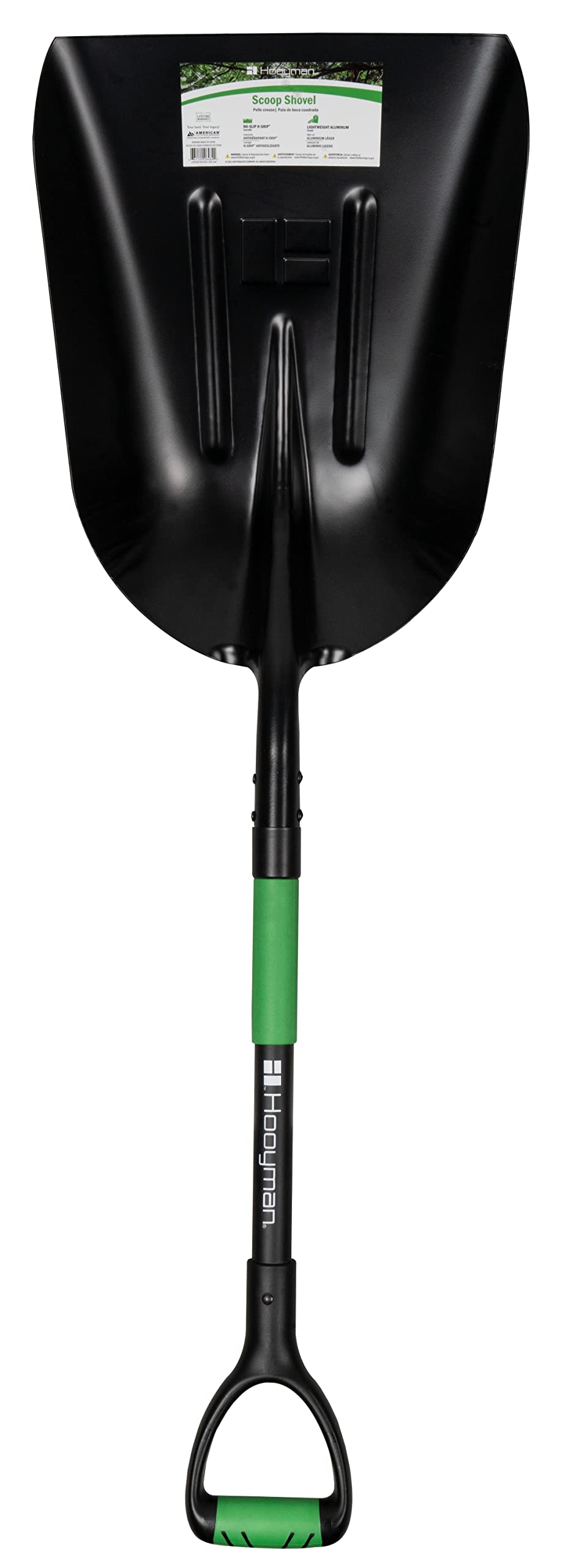 Hooyman scoop shovel fiberglass handle detail demonstrates lightweight balance