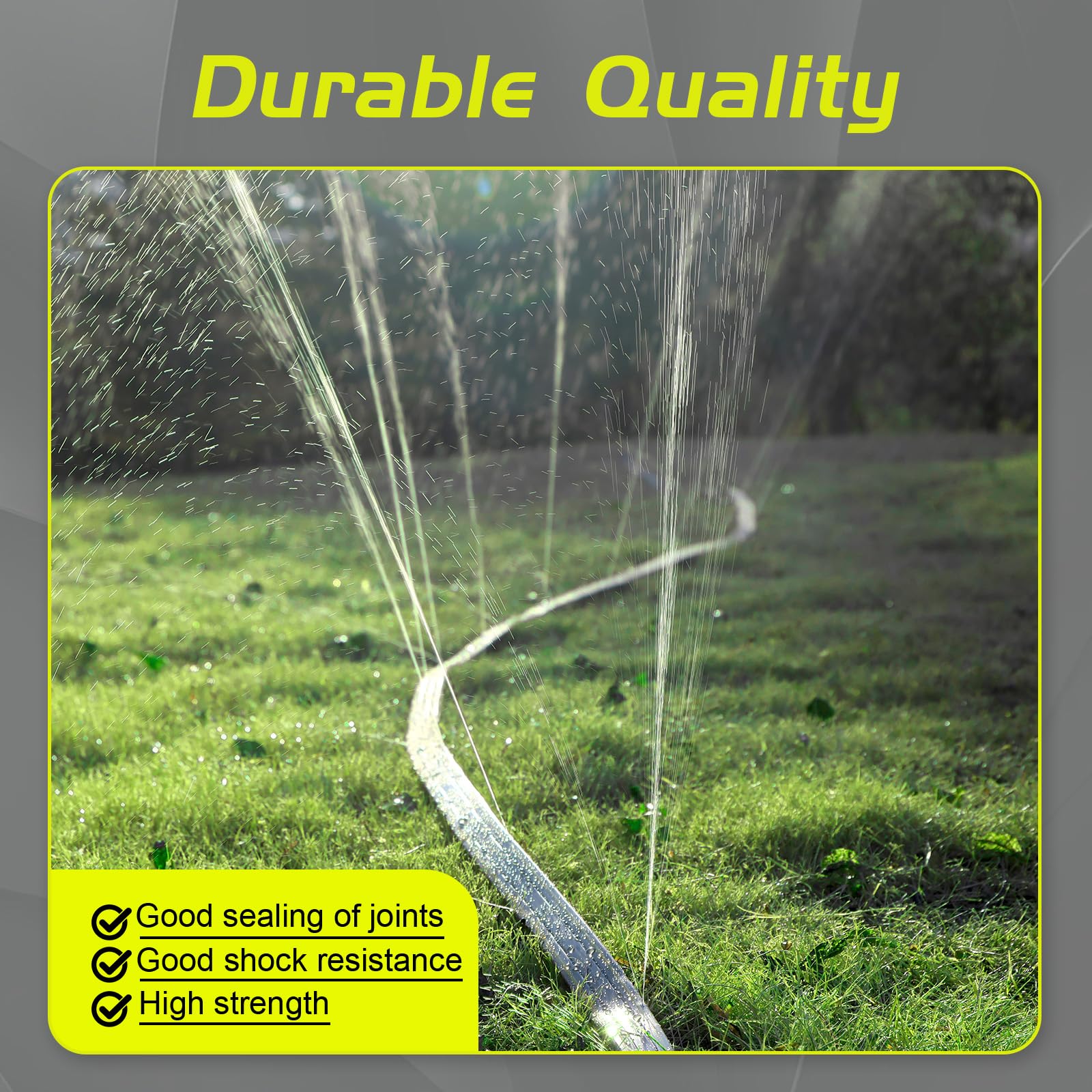 Hopegiver Sprinkler Hose wide spray mode over lawn and beds.