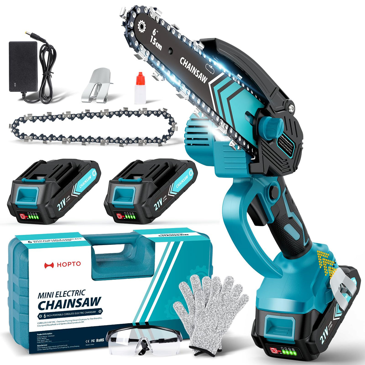 HOPTO mini chainsaw in hand showing balanced one-hand design for precise pruning