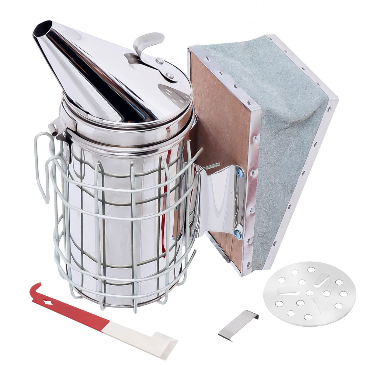Hoqqf bee hive smoker with stainless steel body and heat shield for safe use.