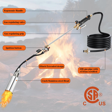 Hordolry torch gun with 10 ft hose shows extended reach for outdoor projects.