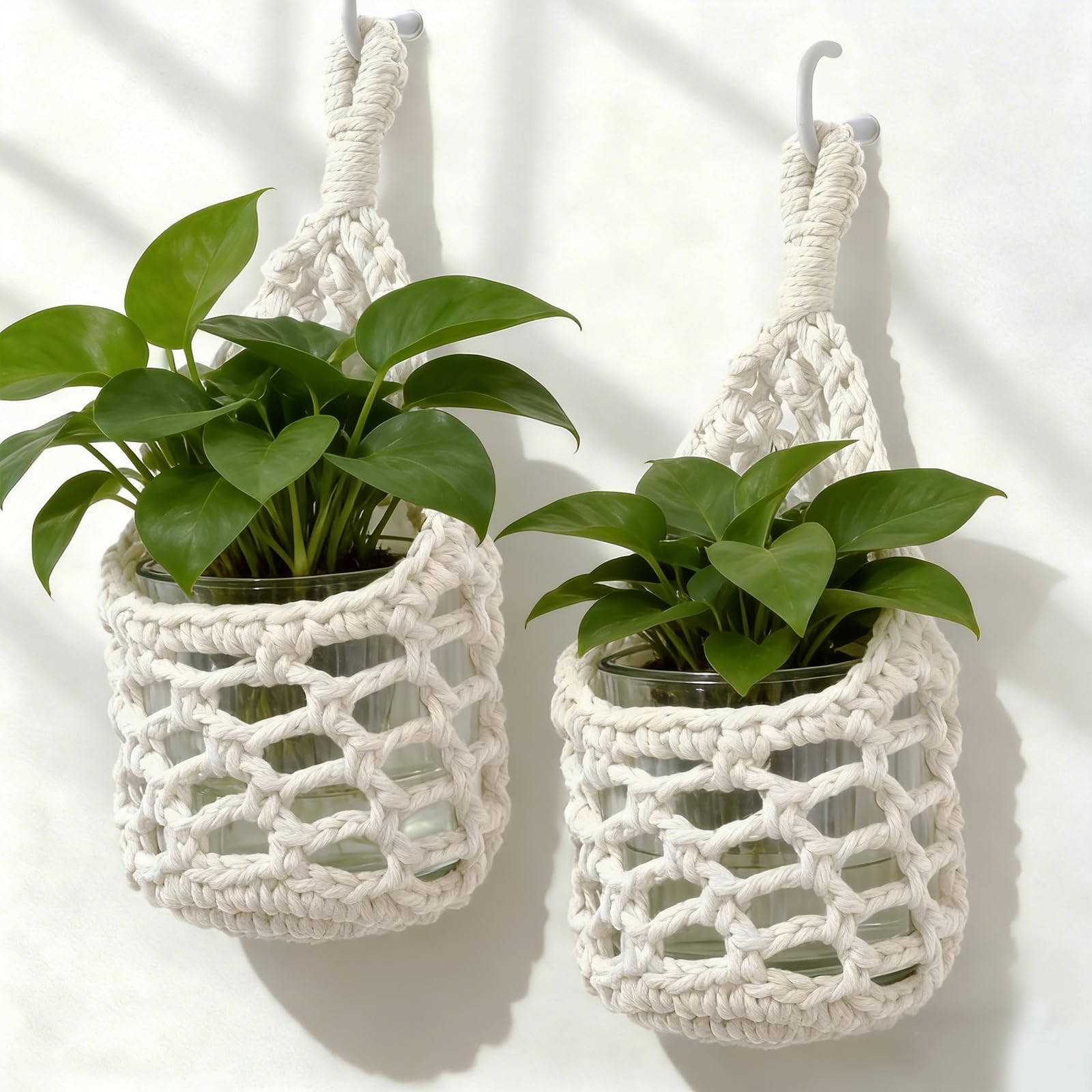 HOREAKHJ macrame wall planter ivory, closeup of handmade cotton weave for chic display