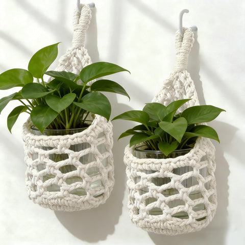 HOREAKHJ macrame wall planter ivory, closeup of handmade cotton weave for chic display