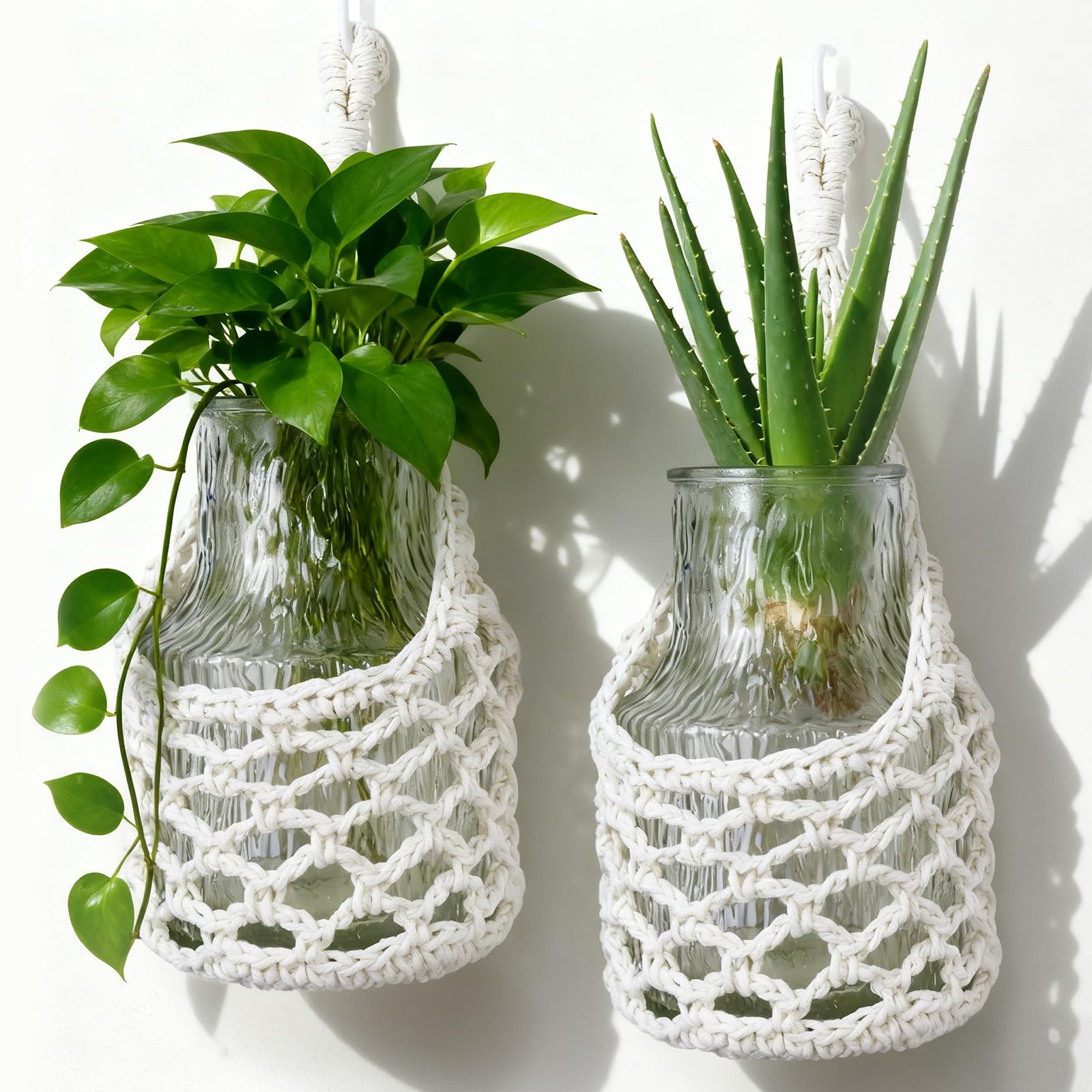 HOREAKHJ macrame wall plant hanger in ivory, ideal decorative indoor accent for pots.