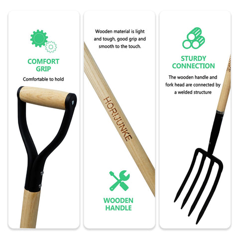 HORIJUNKE forged-steel head emphasizes strength to resist bending during heavy digging.