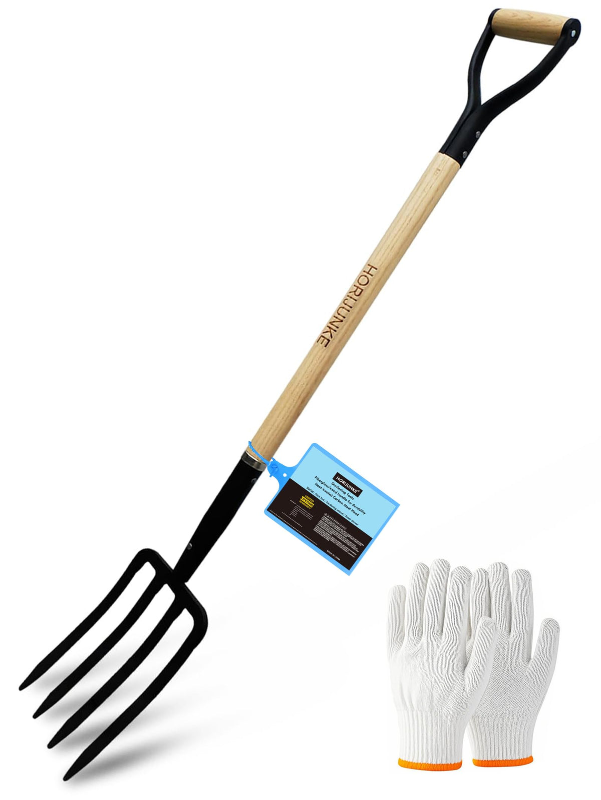HORIJUNKE Garden Fork front view showing sturdy forged steel head for durable digging.