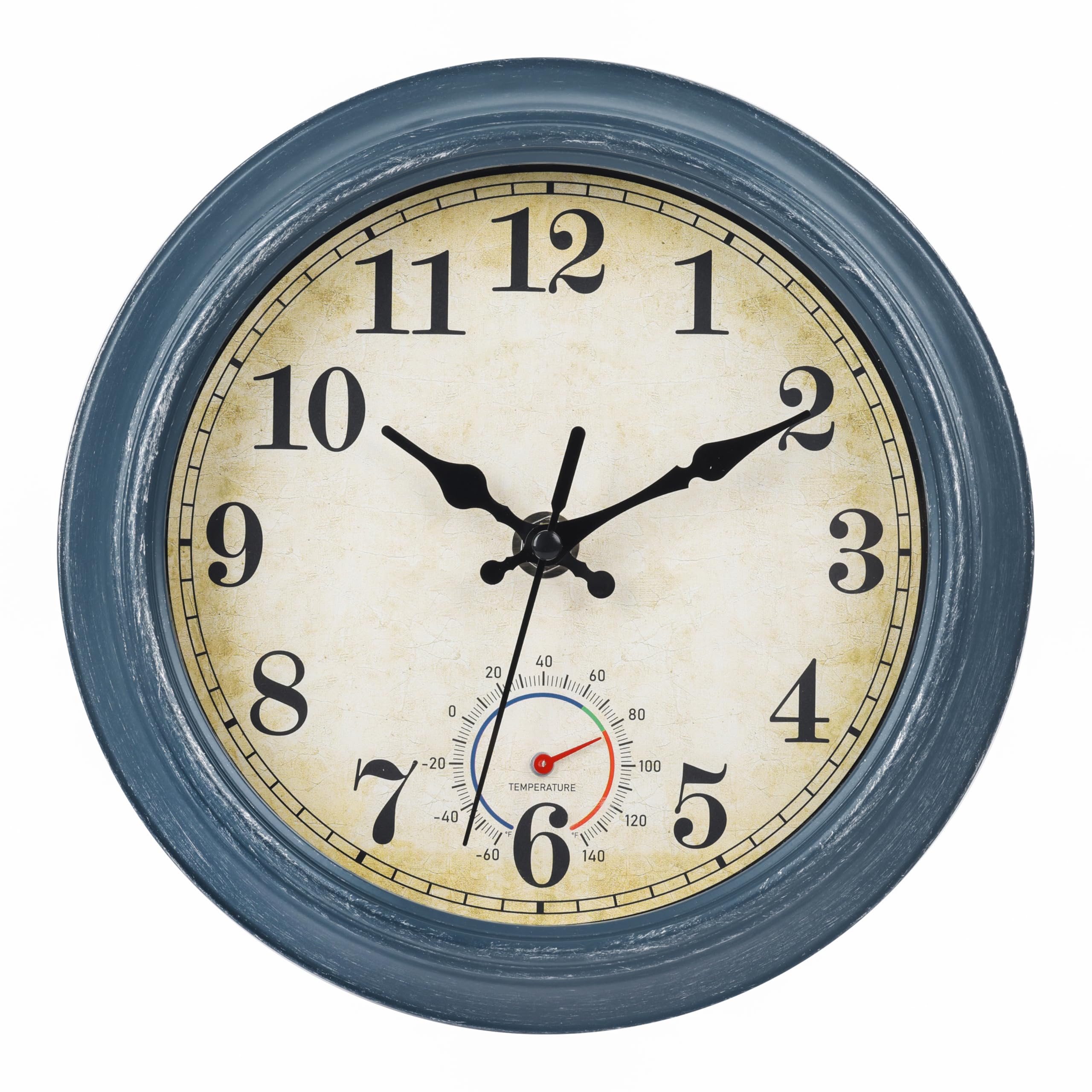 Horizent outdoor clock with 8-inch blue dial, weatherproof for indoor and outdoor spaces.