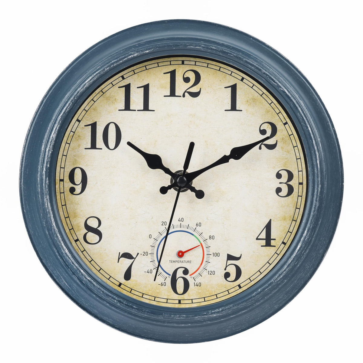 Horizent outdoor clock with 8-inch blue dial, weatherproof for indoor and outdoor spaces.