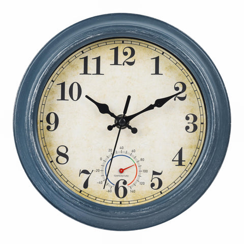 Horizent outdoor clock with 8-inch blue dial, weatherproof for indoor and outdoor spaces.