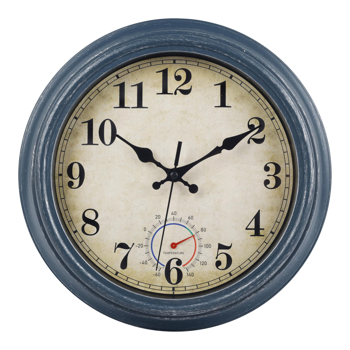 Horizent outdoor clock blue front view enhances patio decor and readability