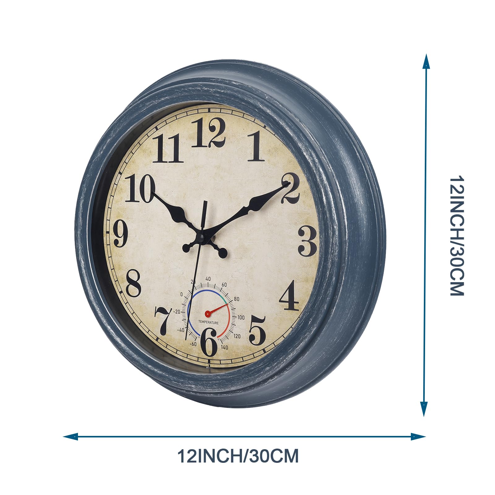 Horizent outdoor clock blue thermometer detail shows temperature for quick weather checks