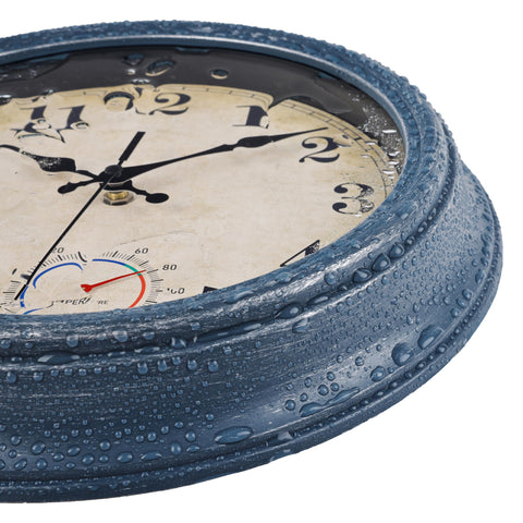 Horizent waterproof blue clock highlights weatherproof construction for outdoor use