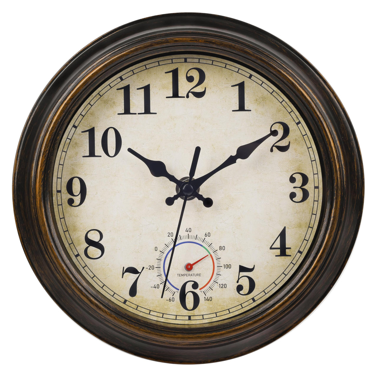 Horizent outdoor clock bronze front view adds rustic charm to patio spaces.