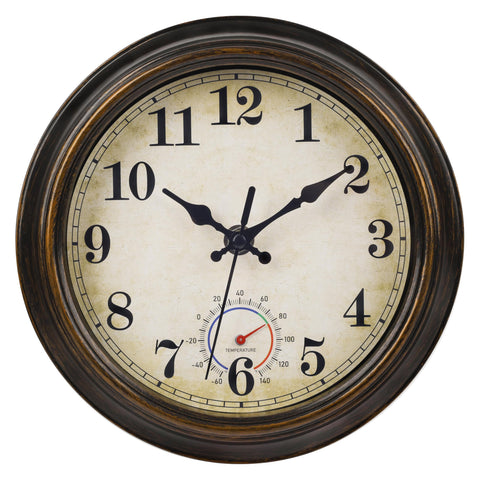 Horizent outdoor clock bronze front view adds rustic charm to patio spaces.