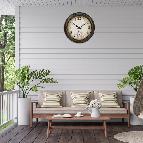 Horizent outdoor clock bronze patio setting complements garden decor.