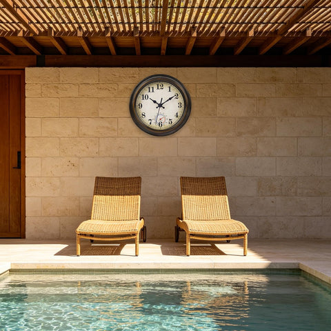 Horizent outdoor clock bronze thermometer visible for real-time weather cues.