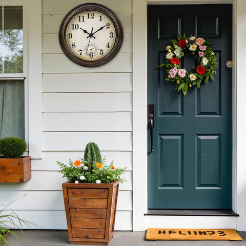 Horizent outdoor clock bronze wall-mount hole for easy hanging.