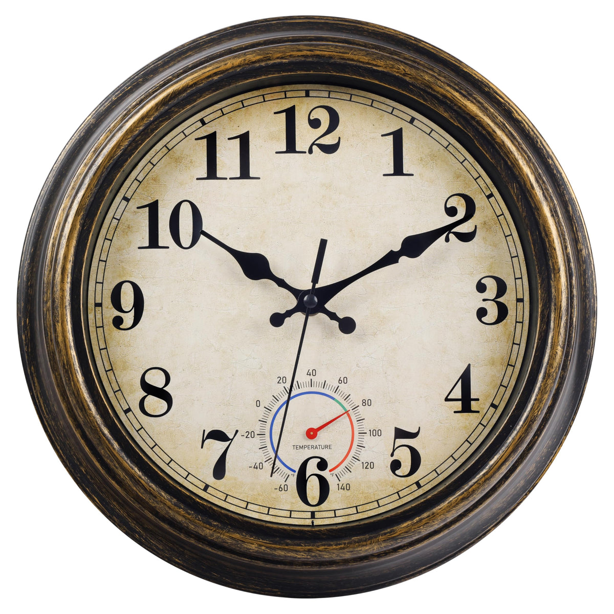 Horizent outdoor clock in bronze provides garden decor with reliable time and weather readings.