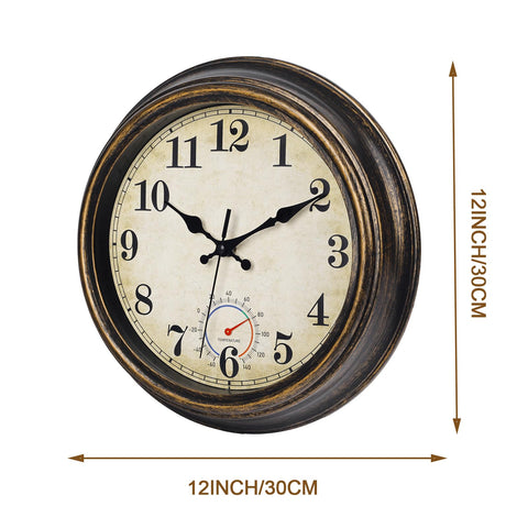 Horizent outdoor clock with thermometer shows temperature for outdoor planning.