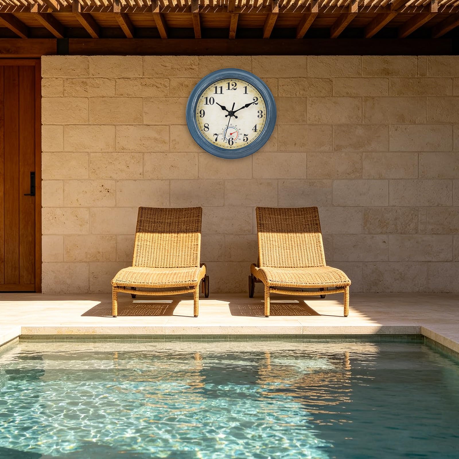 Horizent rustic blue beach clock suited for bathrooms and pool areas.
