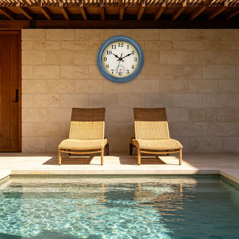 Horizent rustic blue beach clock suited for bathrooms and pool areas.