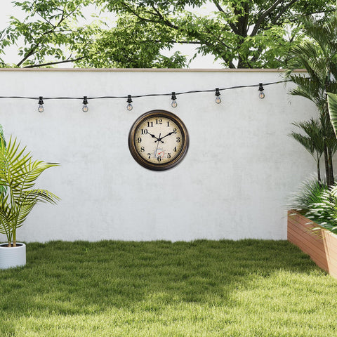 Horizent vintage blue design clock adds retro charm to bathrooms and patios.