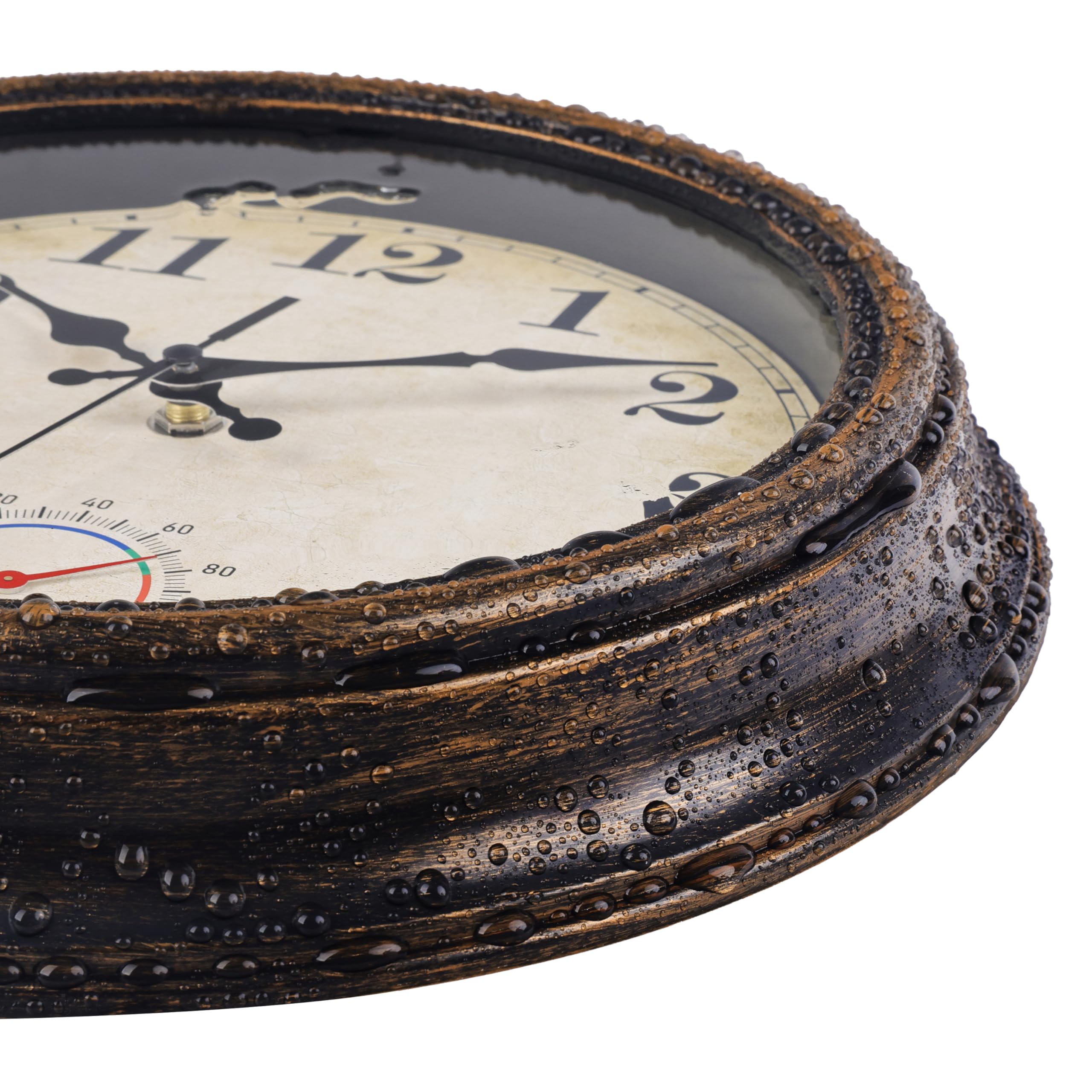 Horizent weatherproof clock closeup highlights rugged finish and waterproof build.