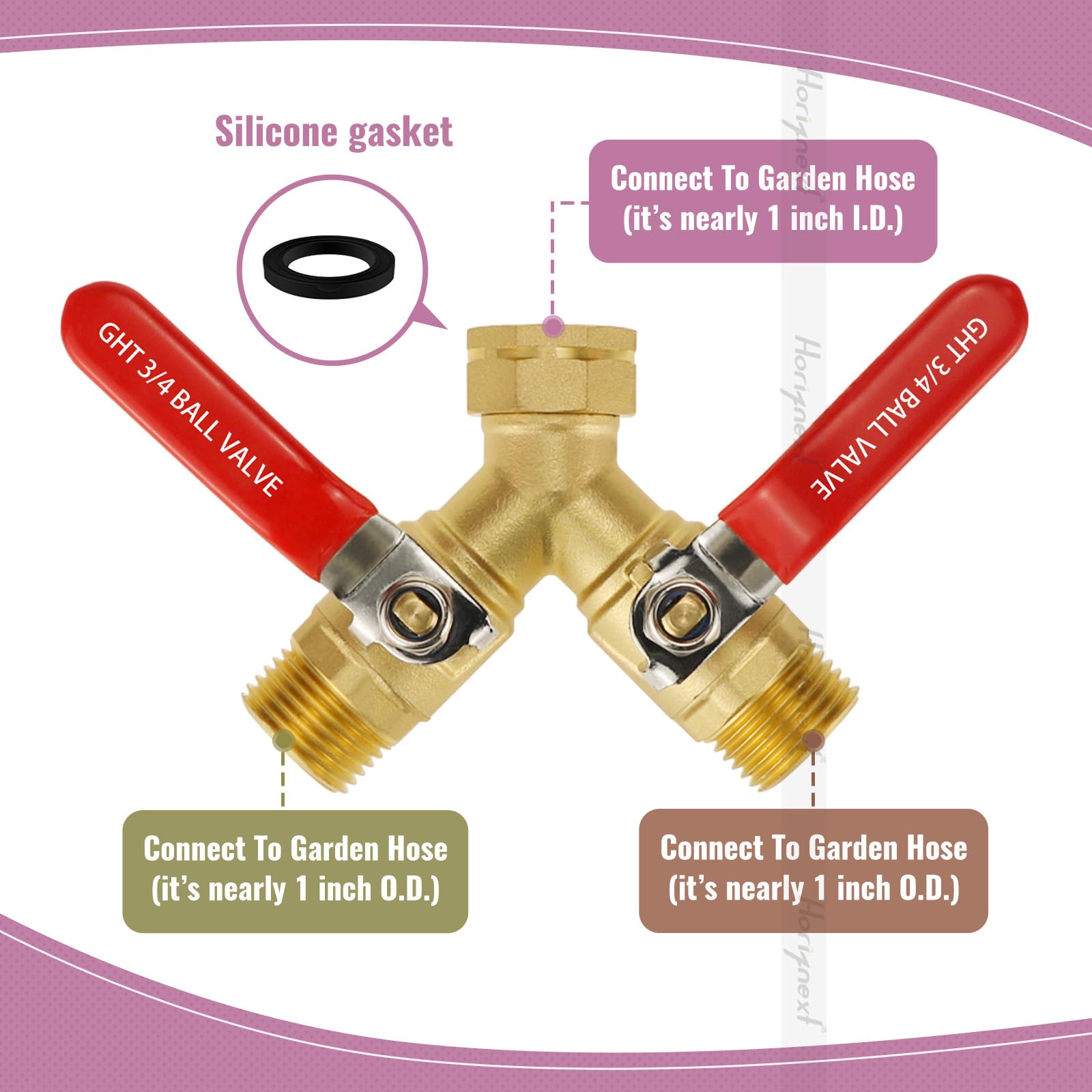 Horiznext brass hose splitter 2-way with durable dual outlets for versatility.